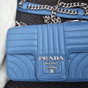 Prada Milano Sky Blue Crossbody Bag-soft calf  with Silver Chain (Authentic)